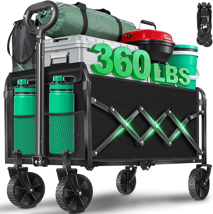 Collapsible Wagons Carts Foldable Wagon,360lbs Folding Wagon Cart with Wheels, Lightweight Foldable Cart with Drink Holders for Camping Picnic Grocery Shopping Garden Travel Sports