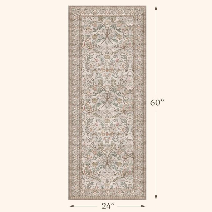 Traditional Floral Moss 2x5 Bathroom Runner Rug Non Slip - Washable Low Pile Kitchen Runner, Thin Neutral Taupe Green Vintage Decor Floor Carpet for Bedroom, Laundry Room, Entrance