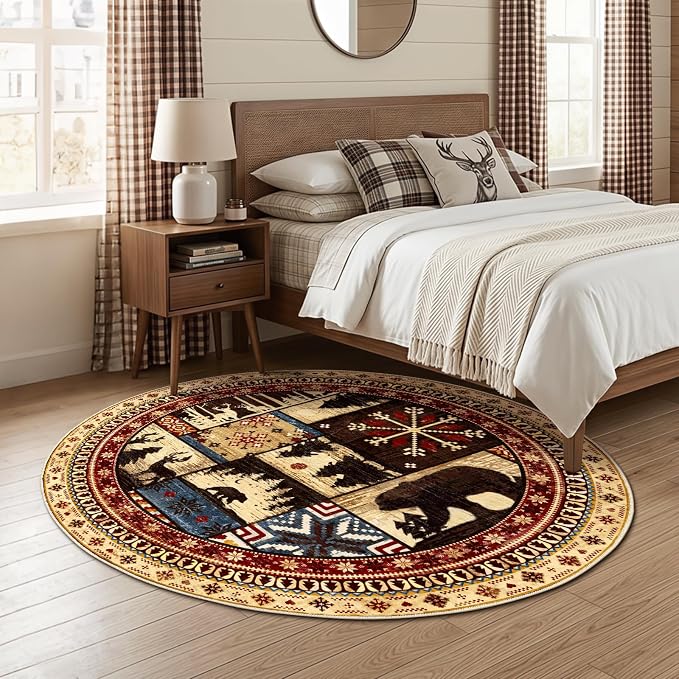LOKHOM 5ft Round Area Rugs for Bedroom, Washable Western Western Bear Rug | Bear Pattern, Non-Slip, Low Pile, Soft Floor Carpet, Vintage Wildlife Accent, For Living Room Bedroom Entryway Nursery