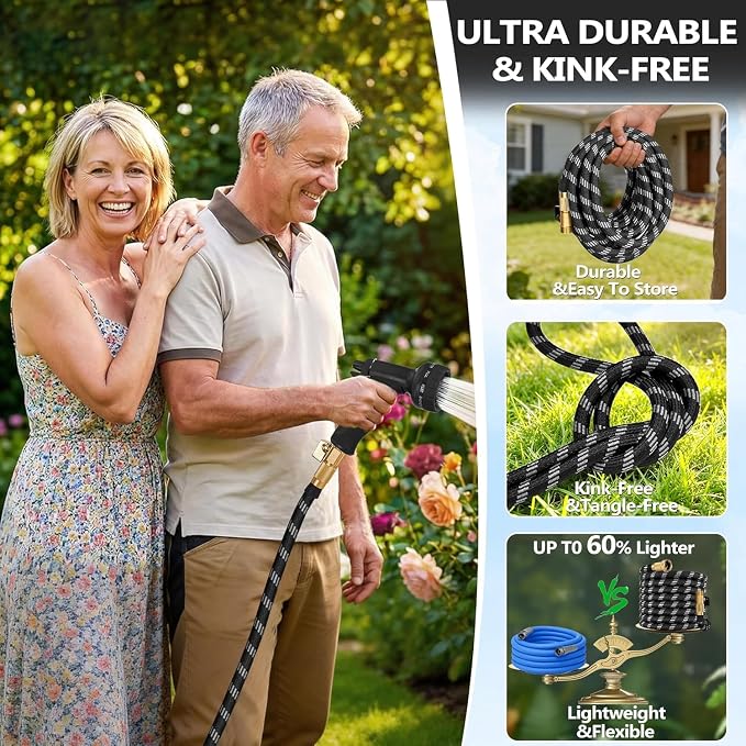 50 ft Garden Hose, Non-Expandable Lightweight All-Weather Water Hoses, Ultra Durable and Flexible Garden Hose with 10-Function Spray Nozzle, Leak-Free Connections Garden Hoses for Yard, Lawn,Outdoor