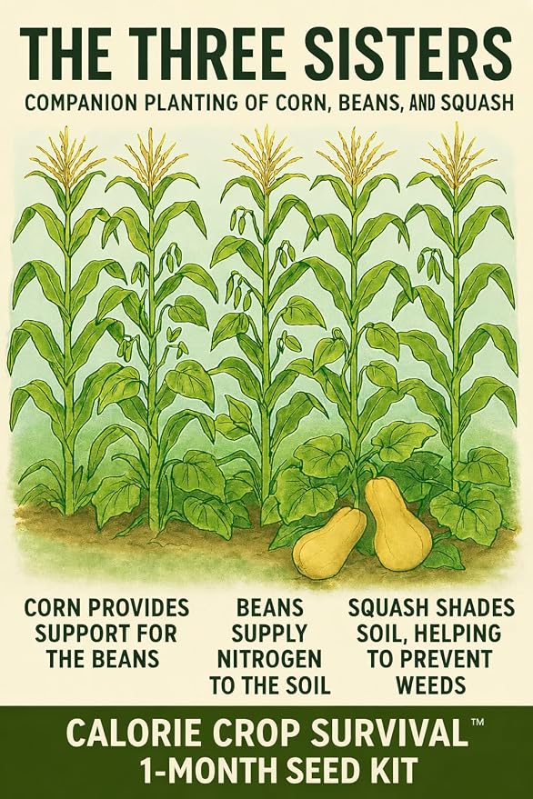 Calorie Crop Survival 1-Month Seed Kit – Grow 30 Days’ Worth of Calories – Heirloom Corn, Beans, and Squash Seeds – Open-Pollinated, Long-Term Storage