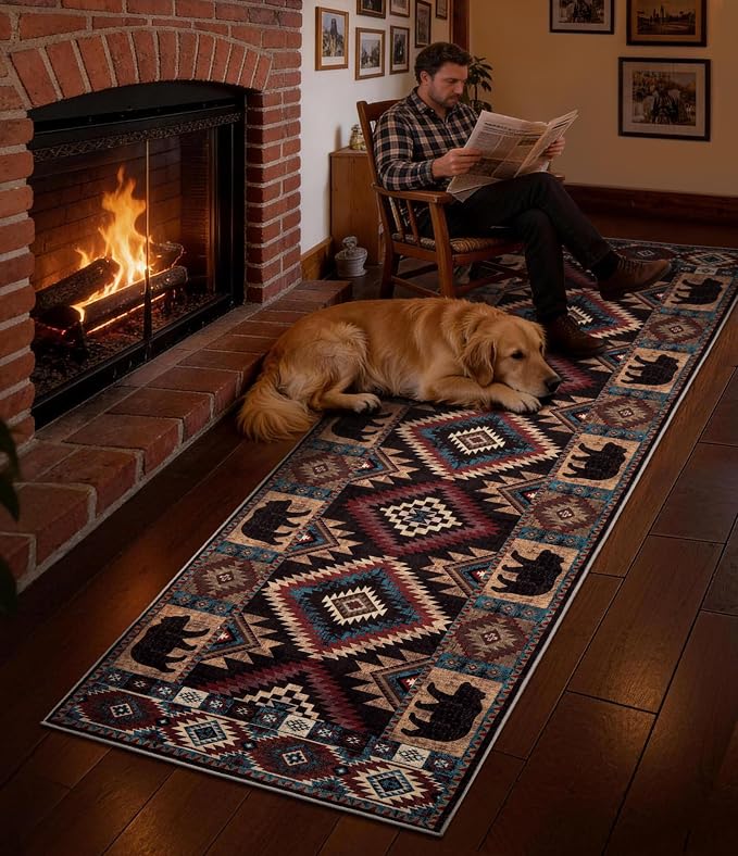 Western Runner Rug 2'8"x8' - Rustic Cabin Washable Rug, Non-Slip Low Pile Soft Carpet, Lodge Geometric Print Floor Runner Rugs for Hallway, Entryway, Bedroom, Kitchen, Laundry