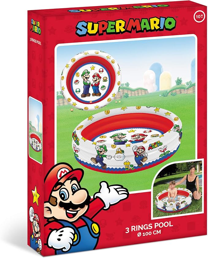 Mondo Brothers Toys-Super Mario Inflatable Pool for Children 3 Rings-Diameter 100 cm-Capacity 84 Lt. -16892, Multi-Coloured