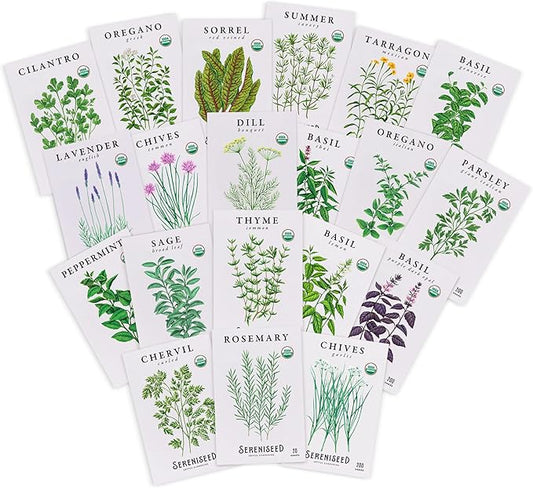 Sereniseed Certified Organic Herb Seeds (20-Pack) – Non GMO, Heirloom – Seed Starting Video – Basil, Cilantro, Oregano, Thyme, Parsley, Lavender, Chives, Sage, Dill Seeds for Indoor & Outdoor Planting