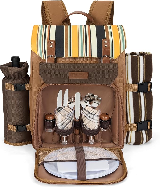 Picnic Backpack, 2-Person Set with Blanket and Wine Holder, Gray(Caramel Brown)
