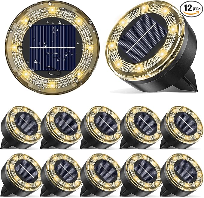 vighep Mini Solar Ground Lights, 12 Pack Solar Lights Outdoor Waterproof, Upgraded LED Flat Landscape Lighting for Outside Pathway Garden Patio Yard Driveway,Warm White