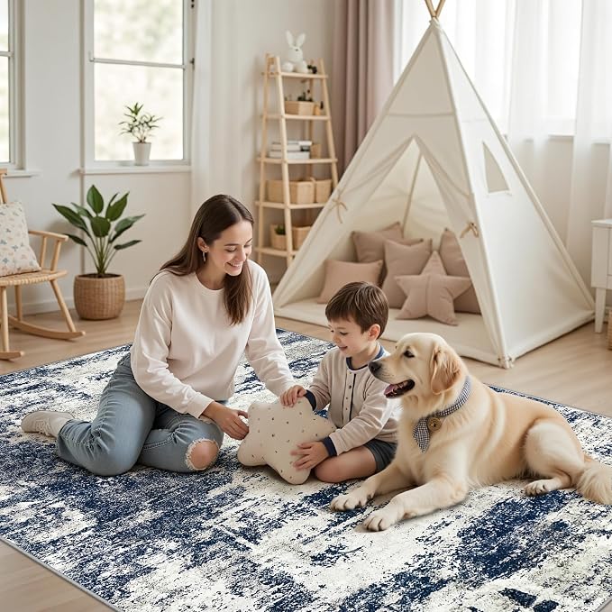 Tosuoka 9x12 Area Rugs for Living Room Abstract Washable Gray Blue Rug | With Anti-Slip Backing，Non-Shedding，Stain-Resistant，Soft Modern Large Carpet for Bedroom Dining Room Farmhouse Nursery