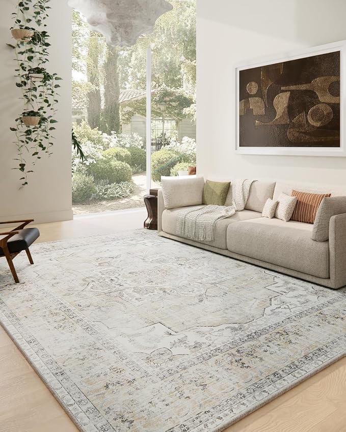 Area Rugs 9x12 Living Room: Washable Rugs for Bedroom Non Slip Low Pile Soft Faux Wool Non Shedding Distressed Vintage Boho Large Carpet for Dining Room Under Table Nursery Entryway Office Farmhouse