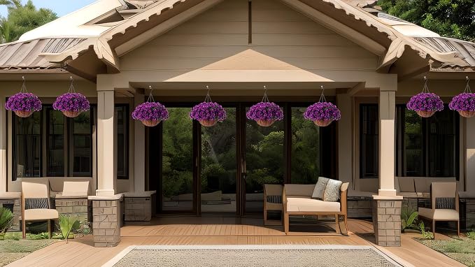 Artificial Hanging Flower Plants with Basket for Spring Summer Outdoor Decoration, Faux Petunias Flowers Fake Morning Glory Planter for Outside Patio Garden Porch Balcony Yard Spring Decor(Lotus)