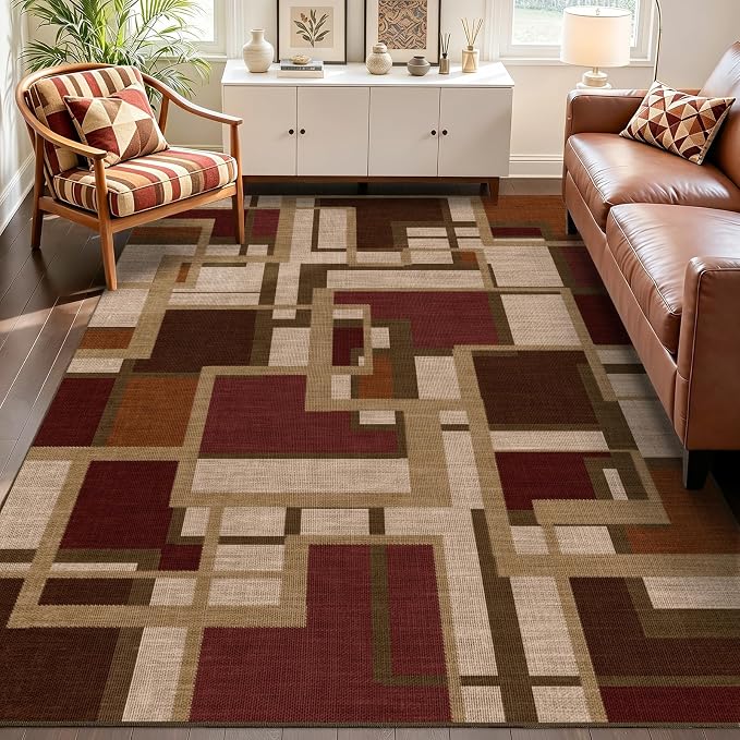 Modern Geometric Area Rug for Living Room, Red Brown Washable Rugs 5x7 | Contemporary Patchwork Blocks Non-Slip Indoor Carpet for Bedroom Dining Room Office | Abstract Soft Low-Pile Floor Rug