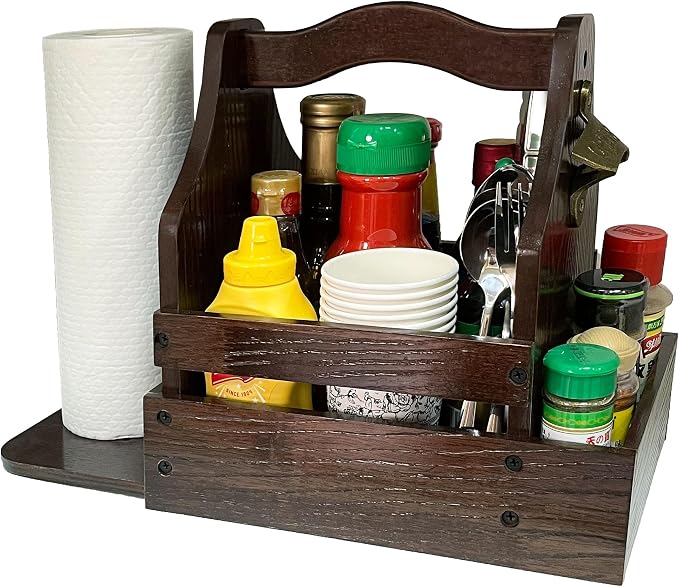Grill Caddy for Outdoor Grill, BBQ Caddy with Paper Towel Holder and Beer Bottle Opener, Essential for Camping, Picnic Condiment and Kitchen Organizer, Gifts for Men and Women, Grilling Lovers