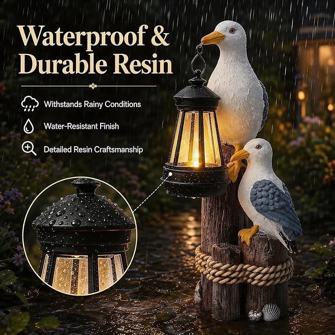 Seagull Solar Garden Outdoor Decor Statues with LED Lantern, Hand Painted Resin Animal Figurine Lights for Beach Pool Coastal Patio Lawn Yard Pathway, Unique Nautical Gifts For Women Mom Grandma