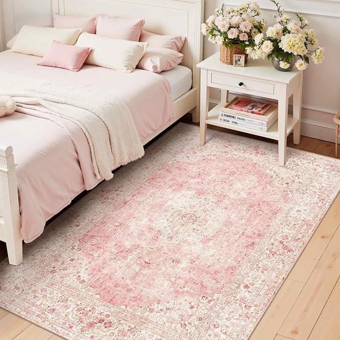 Latte&Fog 3x5 Entryway Pink Area Rugs, Vintage Floral Washable Rugs | for Girls Bedroom Dining Kitchen Kids Playroom Nursery Classroom Dorm Farmhouse Office, Non Slip Low Pile Soft Floral Carpet