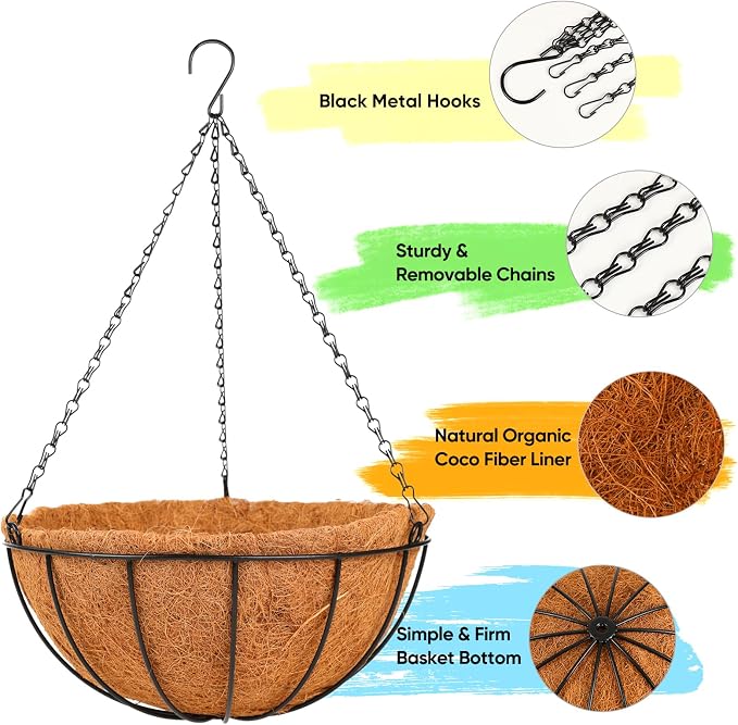 HKZ Hanging Basket Planter Plants Outdoor - 4 Pack 10 Inch Metal Hanging Planter with Coco Liners, Chain Hook Hanging Flower Pots for Indoor Outdoor Garden Porch Decoration
