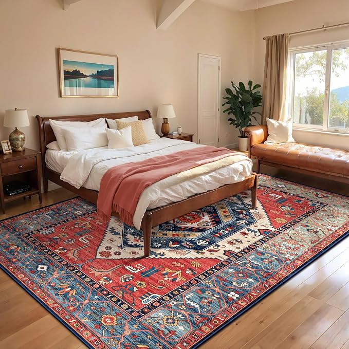 SERISSA 7x10 Washable Non Slip Boho Area Rug for Living Room，Rust | Ultra Soft Vintage Oriental Carpet Low-Pile Distressed Tribal Floor Carpet for Dining Room Bedroom Dorm Office Home Decor