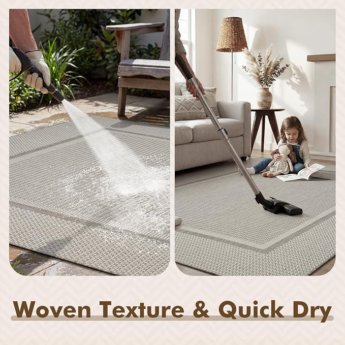 MontVoo-Outdoor Rug-Patio Rug 5x7 ft Indoor Outdoor Rugs Outdoor Carpet for Patio Deck Balcony Porch, Outside Rugs Textured Weave, High Traffic, Pet Friendly, Non Shedding, Modern Grey