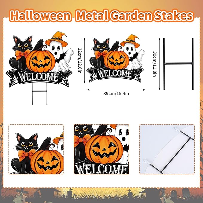 JarThenaAMCS Vintage Halloween Metal Garden Stake Pumpkin Ghost Black Cat Decorative Lawn Sign Welcome Yard Sign for Trick or Treat Party Home Outside Lawn Porch Decor
