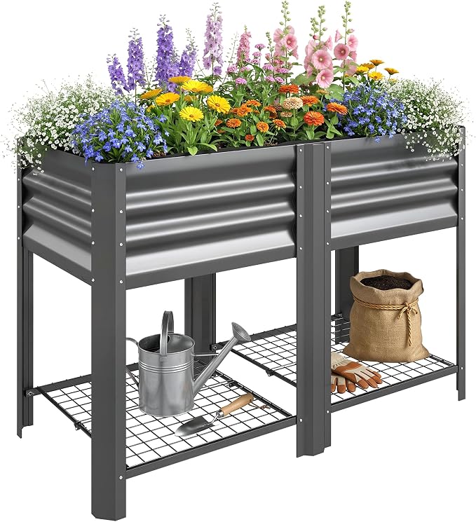 Outsunny Galvanized Steel Raised Garden Bed with Storage Shelf and Bed Liner, Elevated Planter Box with Legs for Flowers, Vegetables, and Herbs, for Outdoor Patio Yard, Glove Included, Dark Gray