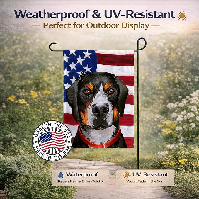 Caroline's Treasures CK6548GF Greater Swiss Mountain Dog American Flag Garden Flag Mailbox Flag Decorative Yard Flag Banner Outside Patio Artwork Yard Flower Beds, Garden Size, Multicolor