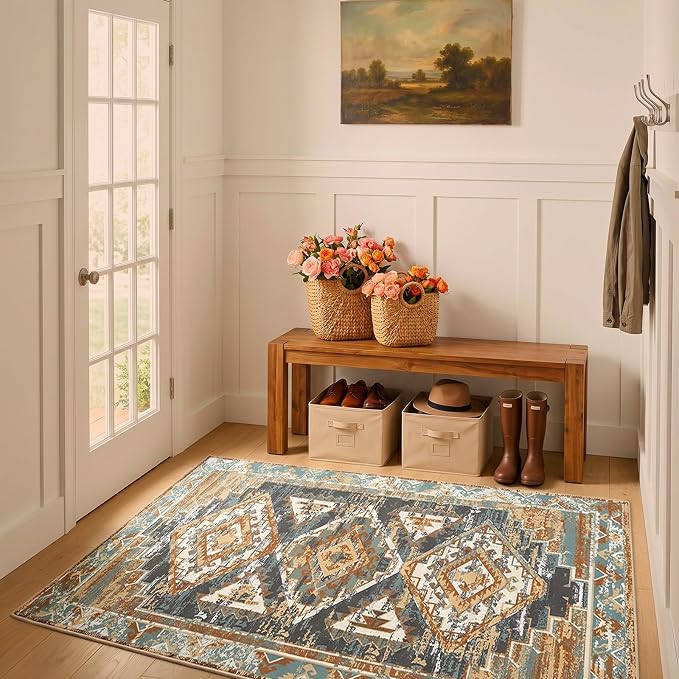 Washable 4x6 Area Rug for Office, Rustic Farmhouse Low-Pile Non-Slip Carpet, Stain Resistant Vintage Southwestern Small Rug for Kitchen Bedroom Entryway, Blue Rust Ivory