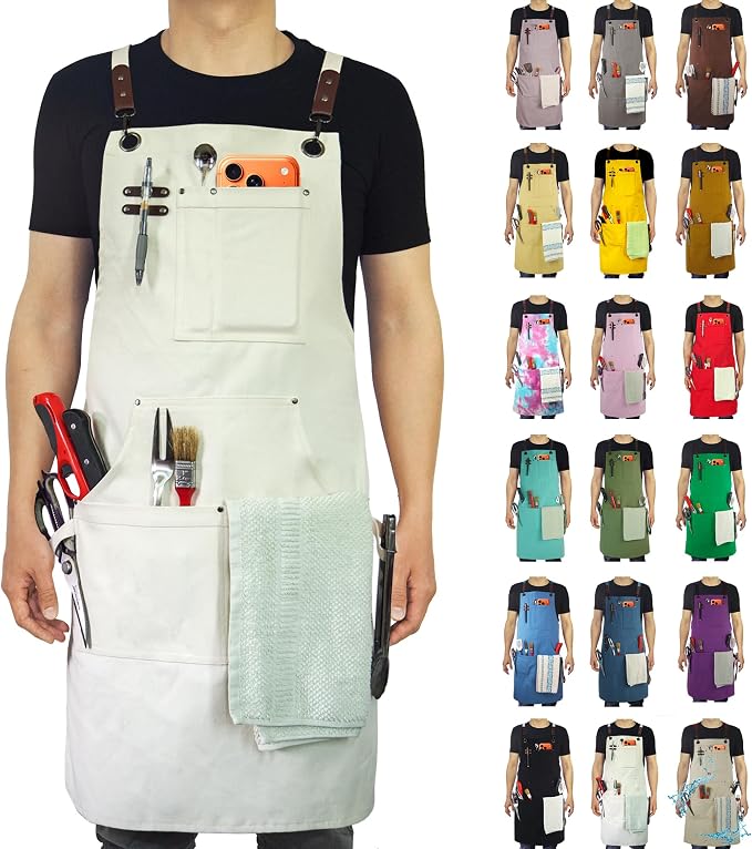 Kitchen Apron, Work Apron, Canvas Apron, White | Multiple Pockets, Gardening, Painting, BBQ, Artist, Carpenter, Sizes M to XXL