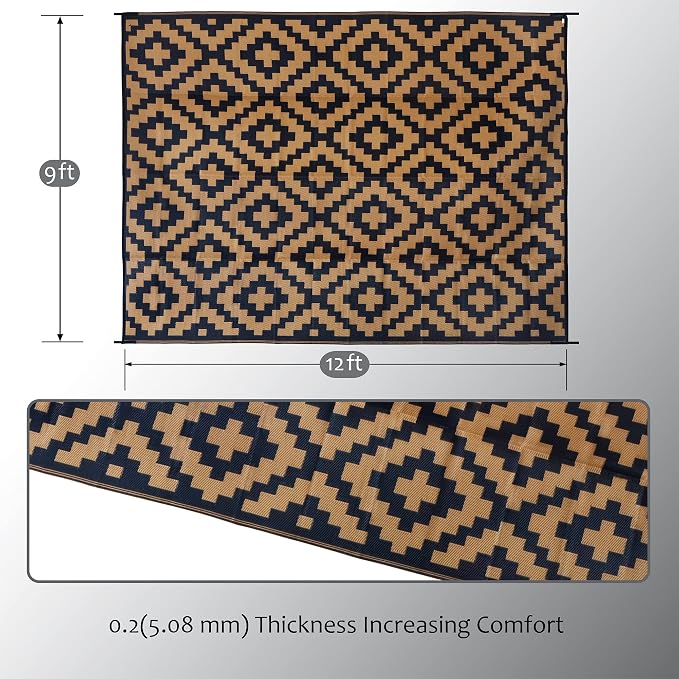 SAND MINE Reversible Mats, Plastic Straw Rug, Modern Area Rug, Large Floor Mat and Rug for Outdoors, RV, Patio, Backyard, Deck, Picnic, Beach, Trailer, Camping, Black & Brown, 9' x 12'