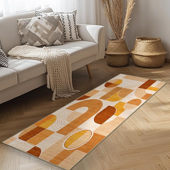 Orange Rug 2x6 Hallway Runner Rug Geometric Mid Century Modern Rugs | Washable Abstract Low Pile Non-Slip Geometric Long Carpet for Kitchen Bedroom Doorway Bathroom Laundry