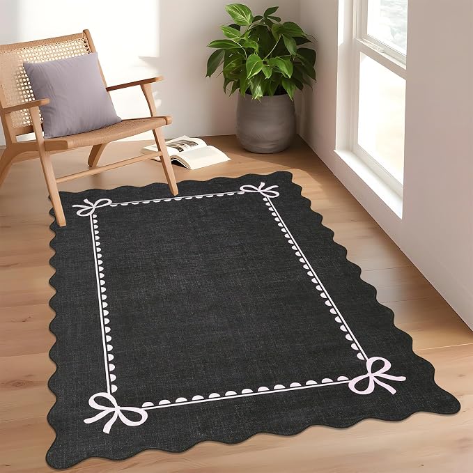 GarveeHome Scalloped Bow Rug 3x5 Washable Rug for Living Room, Black Pink | Non Slip Soft Low Pile Indoor Carpet for Nursery Girls Bedroom Decor Hallway Kids Room College Dorm Playroom