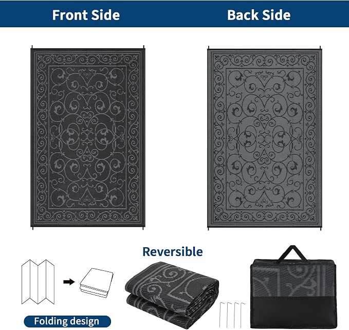 Garvee 9x12 Outdoor Rug for Patio Plastic Straw Rug Waterproof Reversible Mat Lightweight Foldable Carpet Easy Clean Large Rugs for Patio Porch Backyard Camping RV Beach Balcony Deck Vintage Black