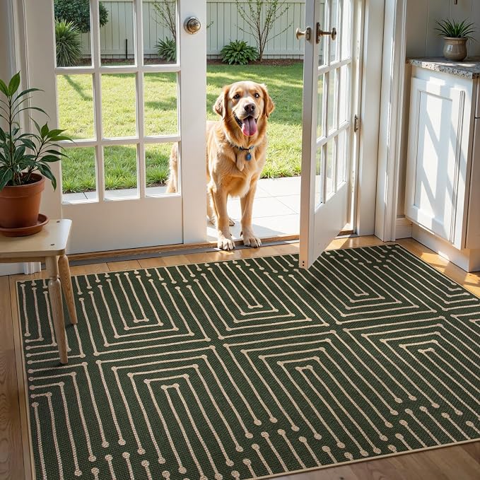 Lahome Green 3x5 Entryway Rug, Non Slip Maze Line Easy Jute Washable Rug | Modern Low Pile Non Shedding Lightweight Indoor Outdoor Carpet for Balcony Porch