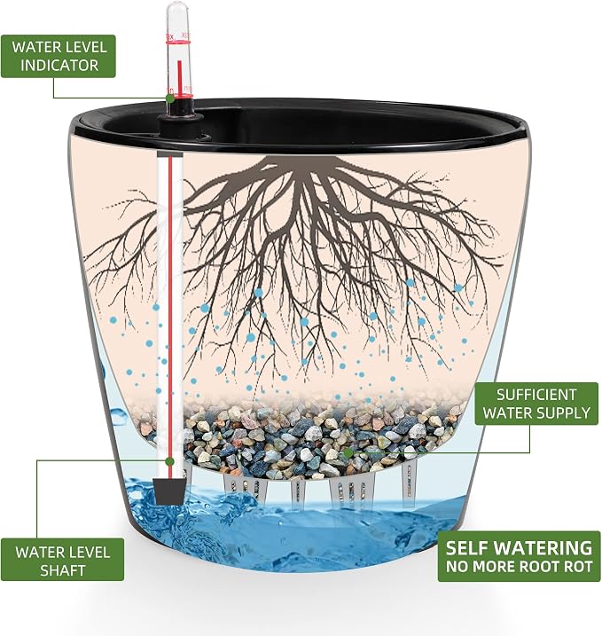 Dexceder 9x8 Self Watering Planter (Black High Gloss) | Inner Pot Design, Thickened Table Flower Plant Pot with Water Level Indicator Indoor Outdoor