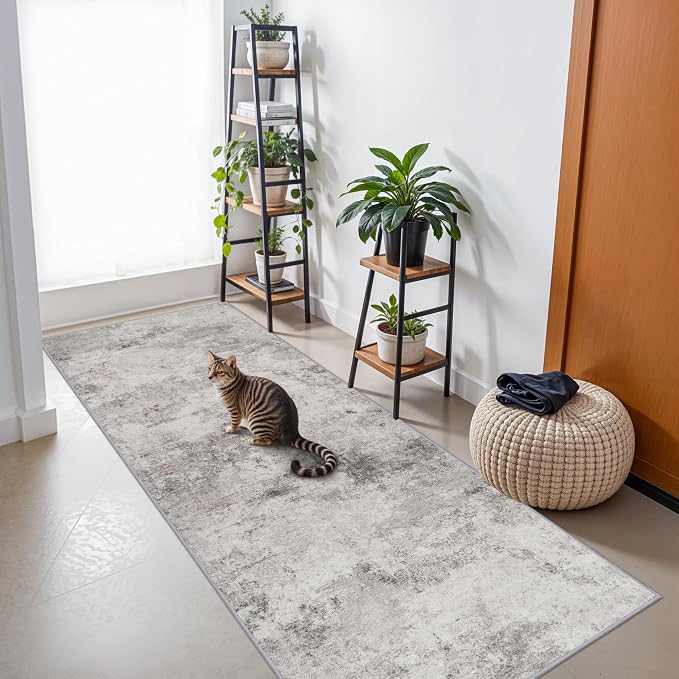 Grey Abstract 3x8 Washable Rug:Non Slip Hallway Runner Rug | Non Slip Low Pile Soft Carpet, Perfect for Front Door, Kitchen, Bedroom, Entryway and Laundry Room