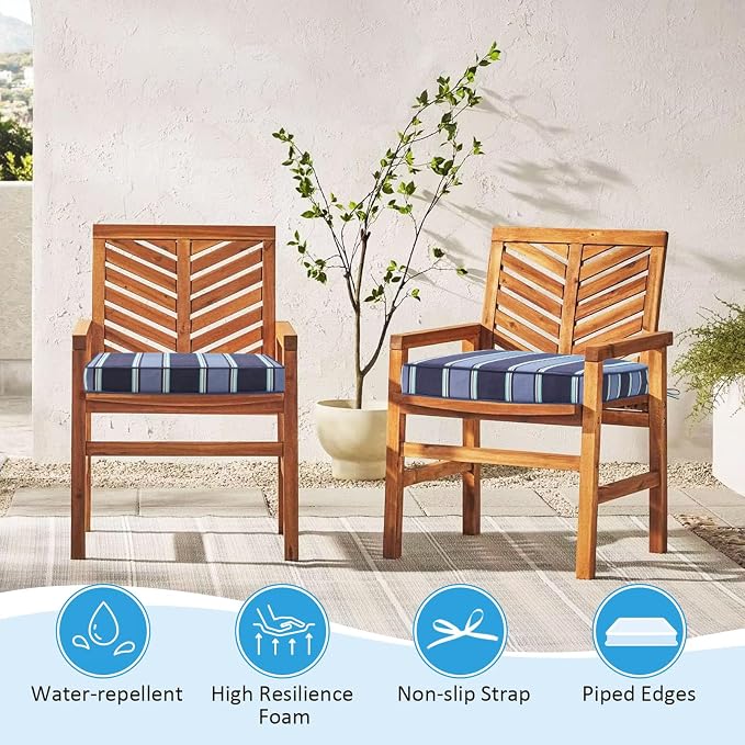 19 x 19 Inch Outdoor Chair Cushions with Tie Straps, Set of 4 Thick Water Repellent Square Patio Chair Pads for Garden Lawn Patio Furniture, Navy Blue Stripe