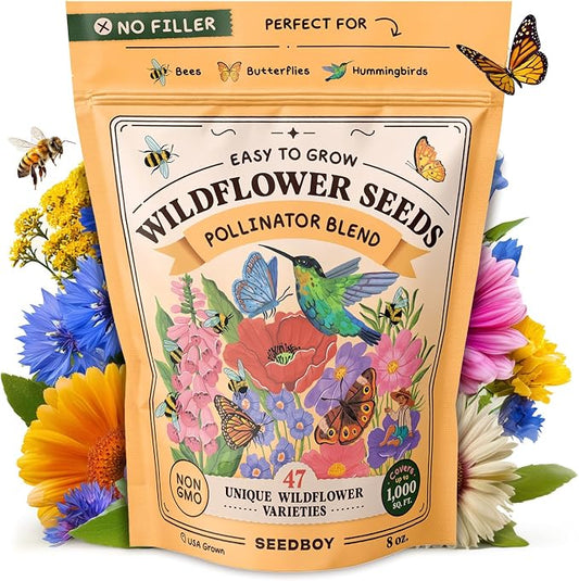 Seedboy Wildflowers for Pollinators Seed Mix - 8 oz Bulk Wildflower Seeds - 160,000+ Non-GMO Annual and Perennial Seeds for Bees Butterflies Hummingbirds - 47 Varieties Wild Flowers for Planting (8oz)