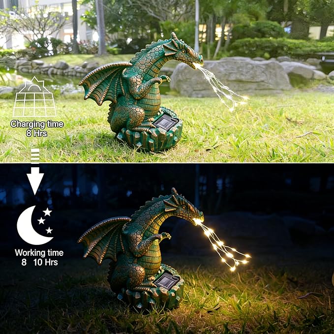 JOYBEE Dragon Solar Garden Statues Outdoor Decoration with LED Light Strings,Dragon Figurine Solar Lights Lawn Décor,Outside Statue Ornament for Patio, Balcony, Yard,Unique Gifts for Mom Grandma