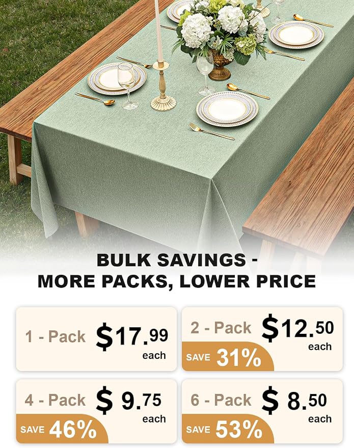 Decorelia Faux Linen Sage Green Table Cloths for 4 Ft Rectangle Tables-6 Pack, Washable Polyester Rustic Faux Linen Table Cloth Cover for Wedding,Outdoor,Events, Party,Banquet, Dining, 60x84 Inch