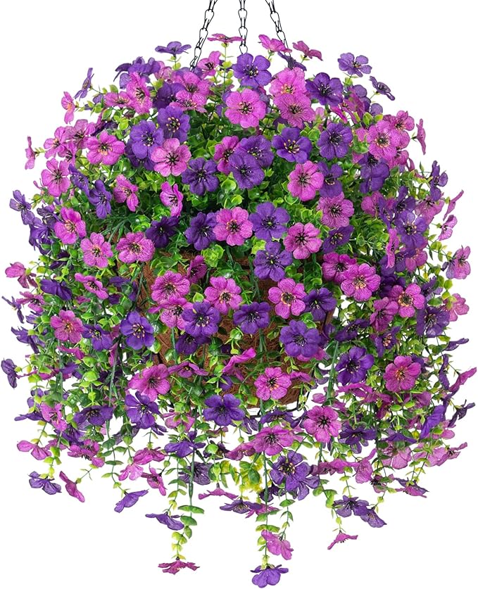 Ammyoo Artificial Fake Hanging Flowers Plants with Basket for Outdoor Spring Decoration, Faux Silk Daisy Flower Real Touch UV Resistant for Outside Porch Patio Garden Yard Home Decor(Purple Lotus)