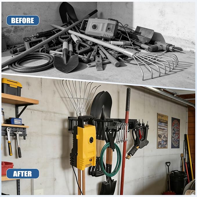 49.5'' Garage Tool Organizer Wall Mount Load 520Lbs with Heavy Duty 14Hooks | 520lbs Heavy Duty Garden Tool Organizer, Garage Wall Organizer for Garden Tool Yard Tool Shovel Rake Broom Ladder