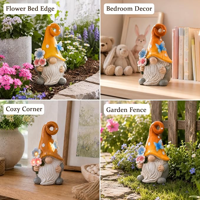 Solar Garden Gnome Statue: Outdoor Figurine with Flower Light | IP65 Waterproof Resin, LED Lighted Butterfly, Yard Lawn Porch Balcony Patio Home Decor, Gifts for Mom Women Grandma