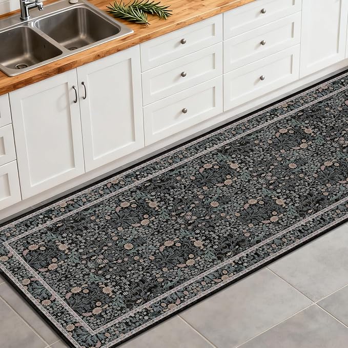 Washable 2'6" x 10' Runners for Hallways, Non Slip Long Floor Runner for Kitchen, Entryway Indoor, Stain Resistant Rubber Backing Floral Decor Rug (Black)