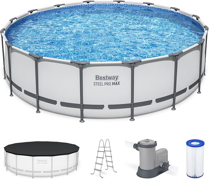 Bestway Steel Pro MAX 16' x 48" Above Ground Swimming Pool Set with Pump | Durable Round Metal Frame Outdoor Backyard Pool, Puncture-Resistant Liner - Ladder and Cover Included, Gray