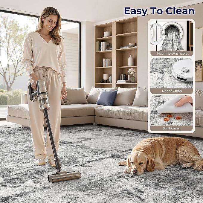 DMOYEST 8x10 Area Rug for Living Room Washable Abstract Indoor Carpet | Neutral Modern Low Pile Rugs Kid & Pet Friendly Large Soft Thin Carpet for Bedroom Dining Room - Grey