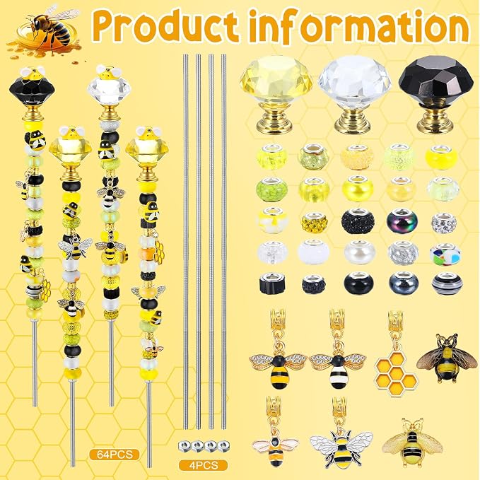 Lineshading 118 Pcs Bee Garden Stakes Fairy Wand DIY Beaded Stakes Garden Decor Includes 4 Crystal Stopper Top 10 Bee Pendant 68 Large Hole Beads 4 Threaded Rods 4 Pcs Nuts, for Craft Supply