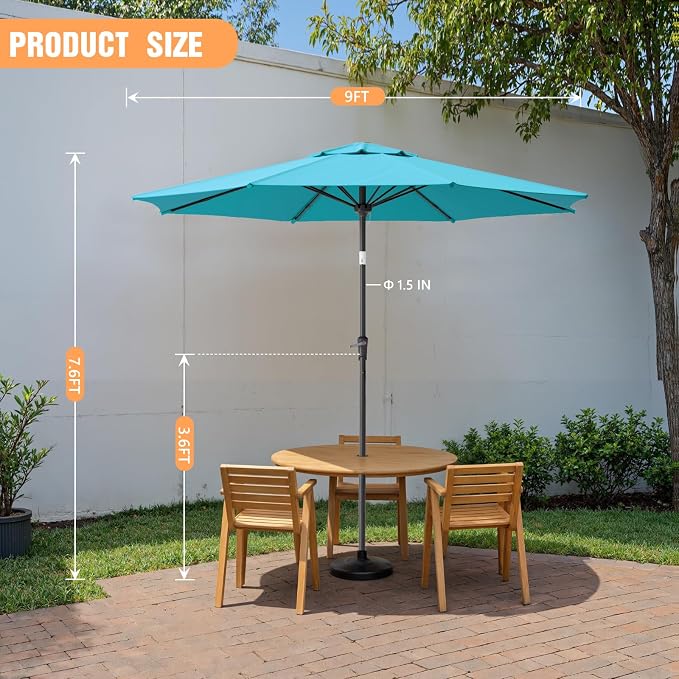 Outdoor Patio Umbrella, Table Umbrella with Push Button Tilt and Crank, 8 Ribs Market Umbrella