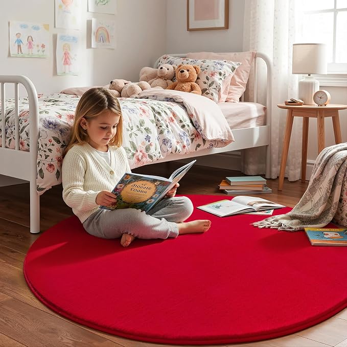 Amearea Red Round Area Rug 5ft Washable Circle Rugs for Bedroom Living Room | Fluffy Indoor Thickened Memory Foam Rug, Non Slip Minimalist Circular Carpet for Kids Boys Girls Dorm Nursery Room Decor