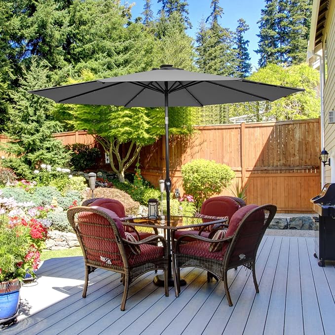 HAPPYGRILL 10FT Patio Umbrella with Lights Outdoor Solar Powered Sunbrella with Tilt Crank Umbrella for Garden Poolside Backyard Beach