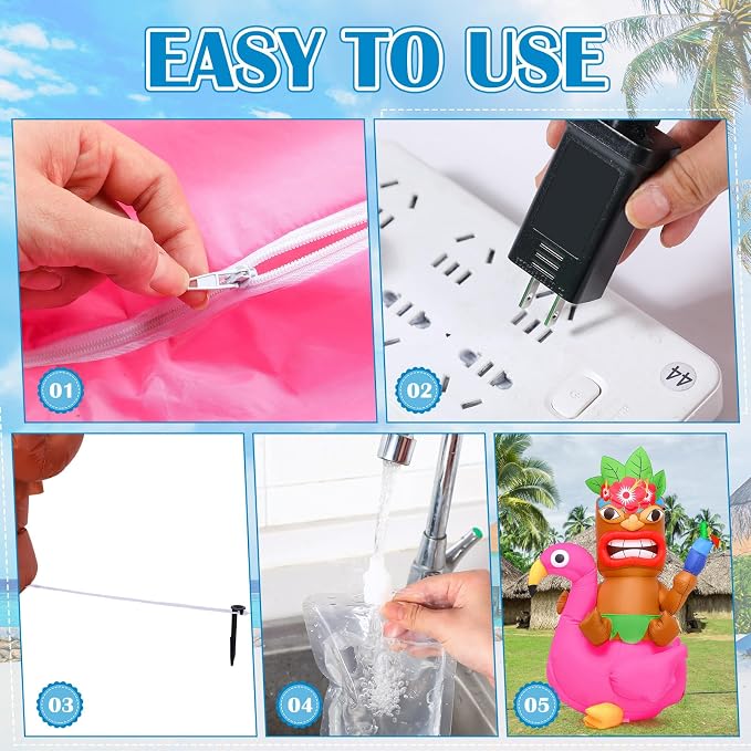 Shappy 5ft Inflatable Flamingo Lighted Blow up Tiki Hawaiian Party Decor | Luau Tropical Inflatables Giant Outdoor LED Tiki Blow up Aloha Bar Beach Summer Pool Surfing Party Decorations