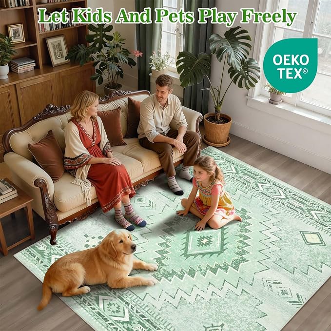 Yinhua Sage Green 8x10 Rugs for Living Room, Western Area Rug Washable | Non-Slip Southwestern Rug Low Pile, Soft Non-Shedding Boho Rugs for Dining Table Office Nursery