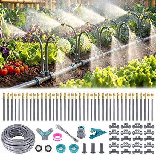 66 FT Drip Irrigation System - Double-Head 360° Adjustable Garden Watering System with 40 Spray Nozzles, Garden Atomizing Misting System & Irrigation System for Garden, Greenhouse, Yard, Lawn, Plants