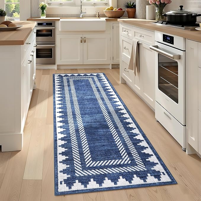 GarveeHome Modern Geometric Runner Rug 2x6 Washable Hallway Runner Bordered Neutral Bathroom Rug Non Slip, Non Shedding Stain-Resistant Kitchen Mat, Soft Low Pile Neutral Carpet for Laundry, Blue
